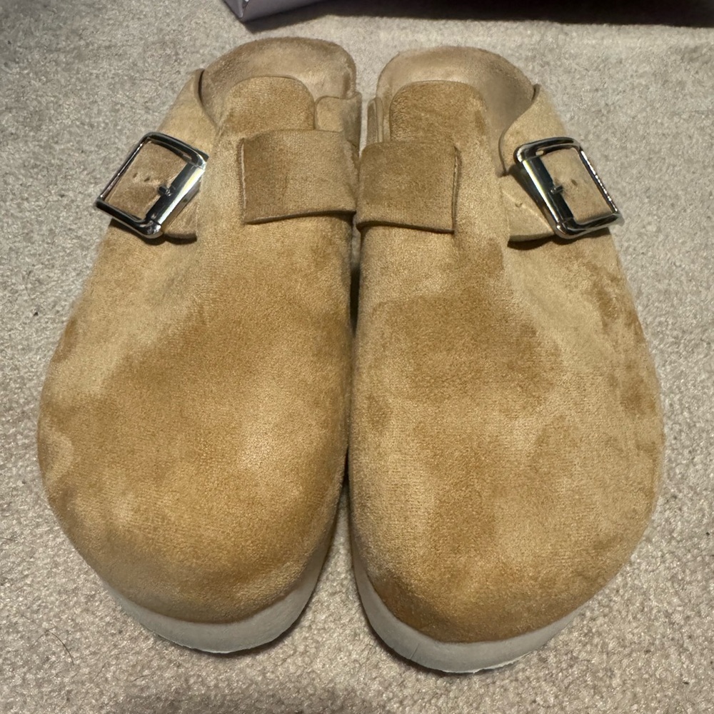 Madden Girl Tan Suede Mules with Buckle